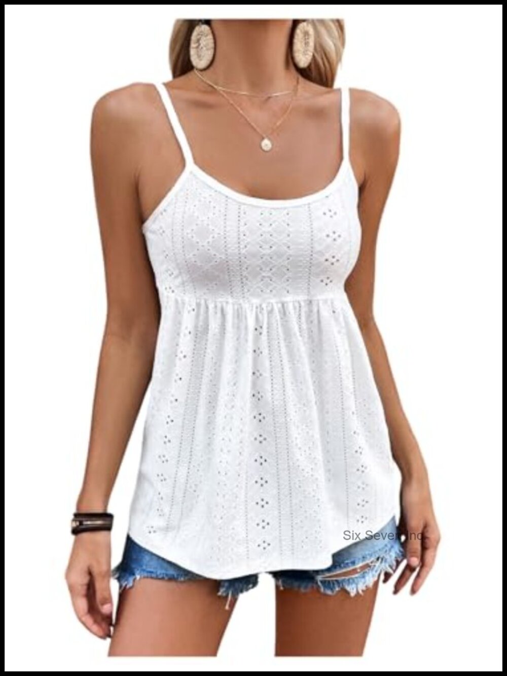 Women's Spaghetti Strap Eyelet Peplum Tank Top Scoop Neck Sleeveless Cami